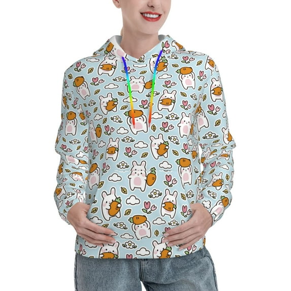 Salouo Carrot Rabbit Pattern Hoodie Sweatshirts for Women, Autumn Pullover Hoodie Workout Sweat Women's Long Sleeve Preppy Sweatshirts-X-Large
