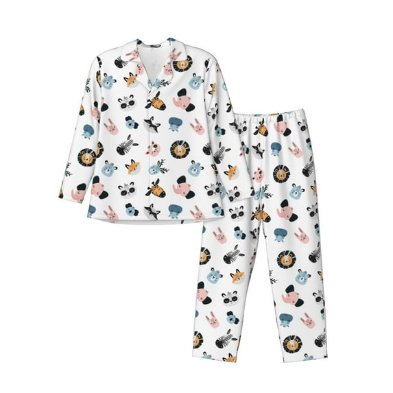 Salouo Cartoon Animals Print Button-Front Long Sleeve Pajama Set for Men, Soft 2Pjs Men's Long Sleeve Sleepwear-Large