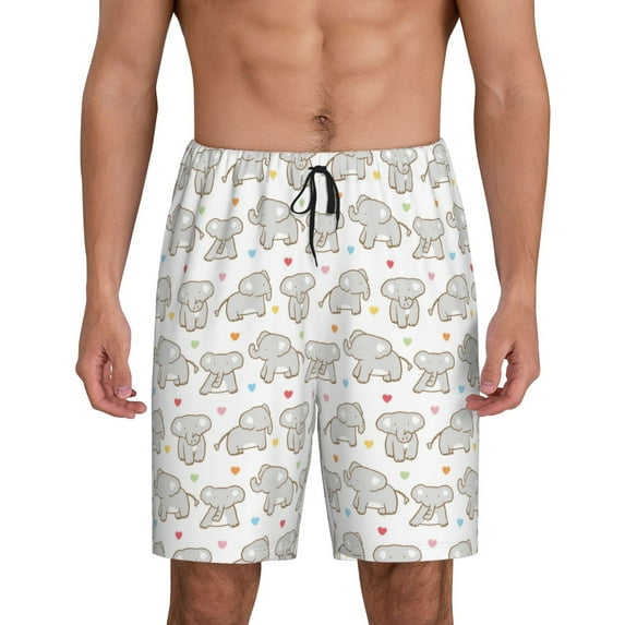 Salouo Cartoon Elephant and Heart Pattern Men's Sleep Pajama Shorts,Pajama Bottoms Elastic Waistband Sleep Pajama Short PJ Shorts for Men-XX-Large