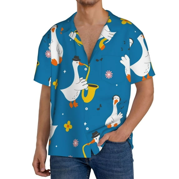Salouo Cartoon Goose Pattern Cuban Collar Shirts for Men Button-Down Shirt Men's Short Sleeve Shirts Hawaiian Shirts Casual Shirts -Large