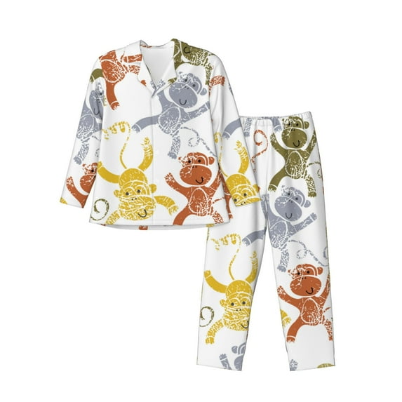 Salouo Cartoon Monkey Print Button-Front Long Sleeve Pajama Set for Men, Soft 2Pjs Men's Long Sleeve Sleepwear-Small
