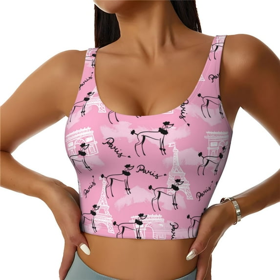Salouo Cartoon Poodle Dog Print Sports Bras for Women,Womens Round Neck Sports Bra Workout Crop Tank Tops Padded with Built in Shelf Yoga Bra-X-Large