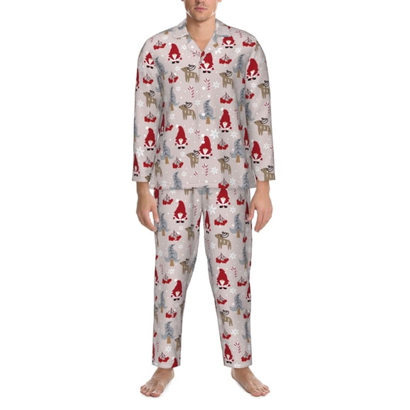 Salouo Cartoon Santa and Reindeer Print Button-Front Long Sleeve Pajama Set for Men, Soft 2Pjs Men's Long Sleeve Sleepwear -XX-Large