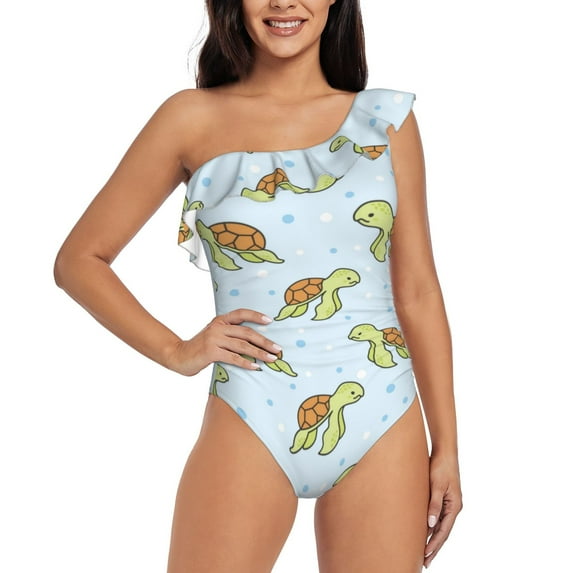 Salouo Cartoon Sea Turtle Pattern One Shoulder Ruffled One Piece Swimsuit for Women V Neck Swimwear Tummy Control Bathing Suit-X-Large