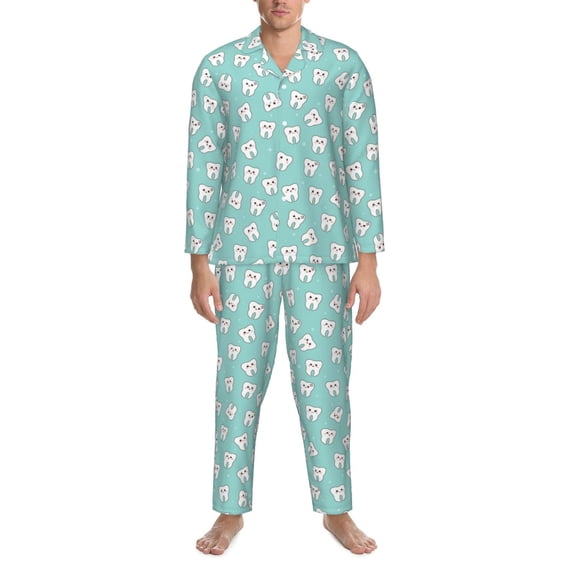 Salouo Cartoon Teeth1 Print Button-Front Long Sleeve Pajama Set for Men, Soft 2Pjs Men's Long Sleeve Sleepwear -Large