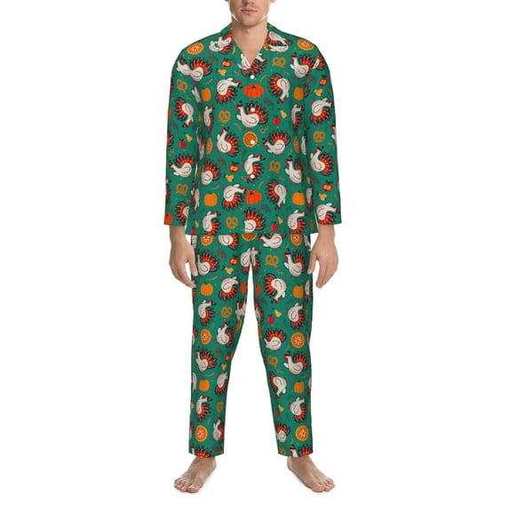 Salouo Cartoon Turkey Print Button-Front Long Sleeve Pajama Set for Men, Soft 2Pjs Men's Long Sleeve Sleepwear -Medium