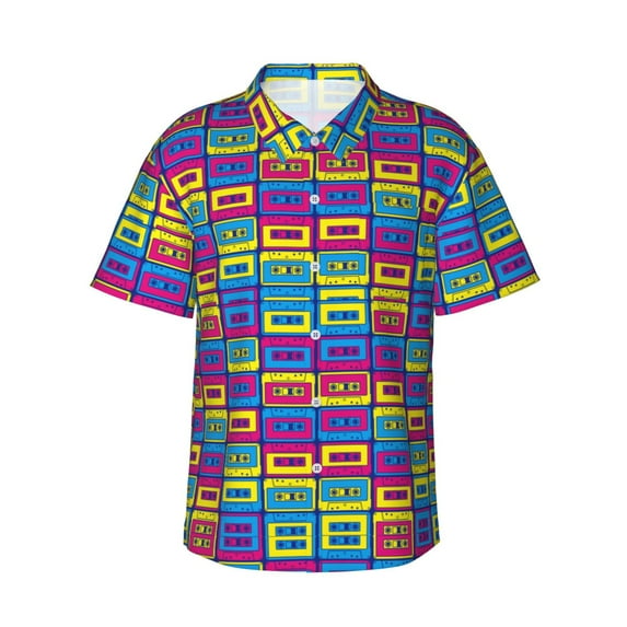 Salouo Cassette Tapes for Hawaiian Shirt for Men,Summer Beach Casual Short Sleeve Button Down Shirts Men's Regular-Fit Short-Sleeve Print Shirt -X-Large