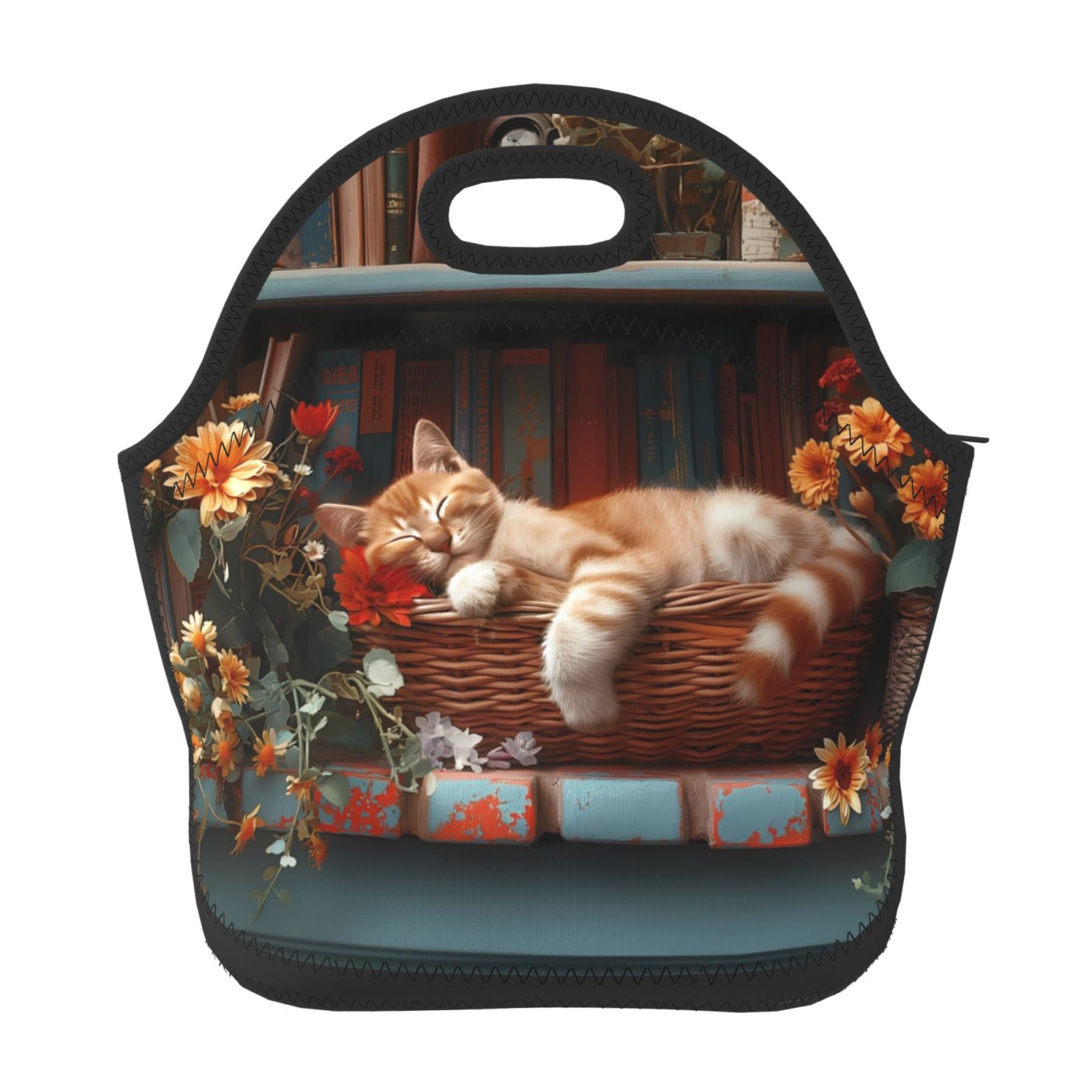 Salouo Cat Asleep Among Flowers for Lunch Tote,Lunch Bag Insulated