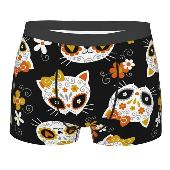 Salouo Cat Skulls and Flowers Print Men's Boxer Briefs,Breathable Underwear Elastic Waistband Briefs for Men -Medium