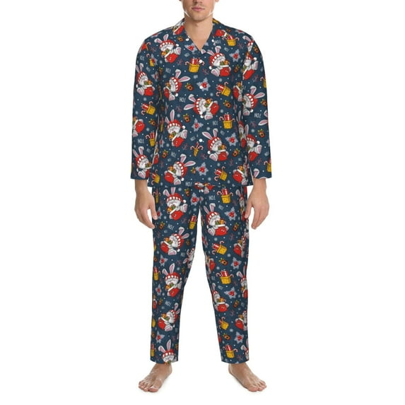 Salouo Christmas Bunny A Print Button-Front Long Sleeve Pajama Set for Men, Soft 2Pjs Men's Long Sleeve Sleepwear -Large