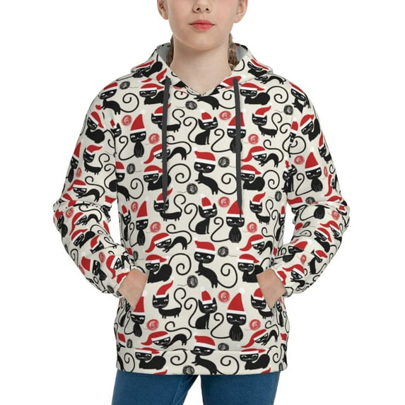 Salouo Christmas Cat Pattern Hoodie Sweatshirt for Youth, Fall Pullover Hoodie Sweatshirt Long-Sleeve Pullover Hooded Sweatshirt-X-Large