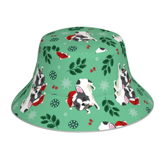 Salouo Christmas French Bulldog Print Unisex Bucket Hat, Outdoor Summer Beach Fishing Sun Hat Fun Outdoor Vacation Hat for Men Women Teens,Reversible Double-Side-Wear