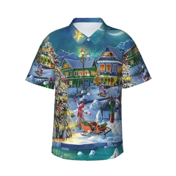Salouo Christmas Tree for Hawaiian Shirt for Men,Summer Beach Casual Short Sleeve Button Down Shirts Men's Regular-Fit Short-Sleeve Print Shirt -X-Large