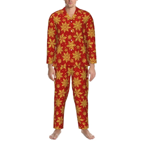 Salouo Christmas With Gold Snowflakes Print Button-Front Long Sleeve Pajama Set for Men, Soft 2Pjs Men's Long Sleeve Sleepwear -Large