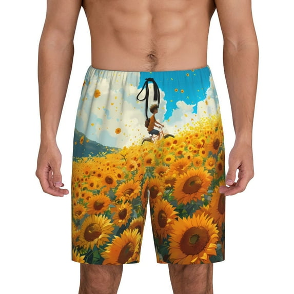 Salouo Clear Sky Sunflower Pattern Men's Sleep Pajama Shorts,Pajama Bottoms Elastic Waistband Sleep Pajama Short PJ Shorts for Men -Small