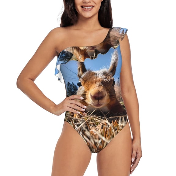 Salouo Close-Up Curious Squirrel Pattern One Shoulder Ruffled One Piece Swimsuit for Women V Neck Swimwear Tummy Control Bathing Suit-XX-Large