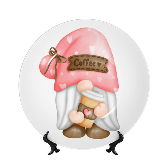 Salouo Coffee Gnome (1) Pattern Bone China Decorative Plate,Holiday Decor Decorative Ceramic Plates with Stand Elegant Home DéCor for Hallway/Living Room/Bedroom-10in