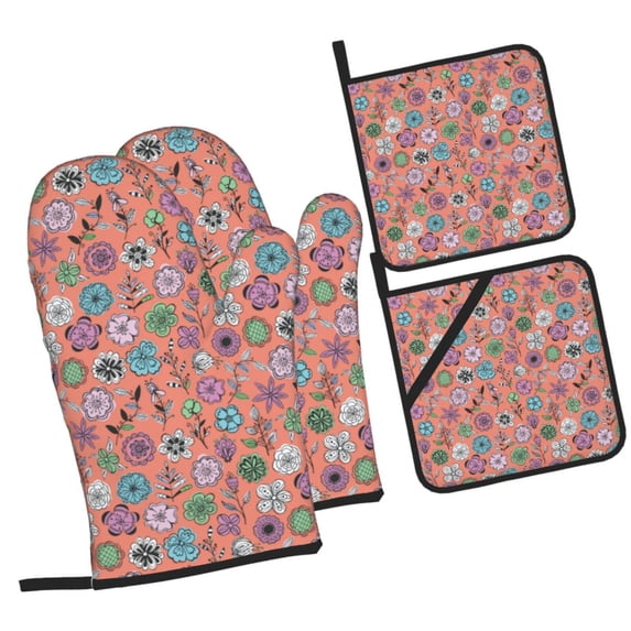 Salouo Color Flowers for Oven Mitts and Potholders BBQ Gloves-Oven Mitts and Pot Holders Non-Slip Cooking Gloves for Cooking Baking Grilling (4-Piece Set)