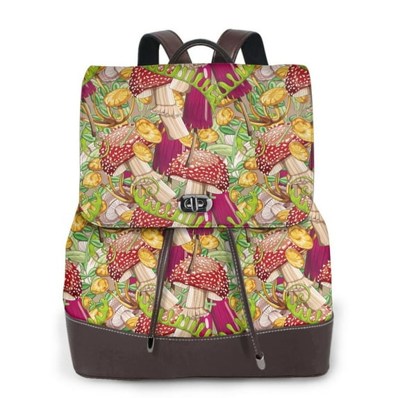 Salouo Bright Mushrooms Pattern PU Leather Backpack,Purse for Women Fashion Multipurpose Design Handbag Ladies Shoulder Bags Travel Backpack