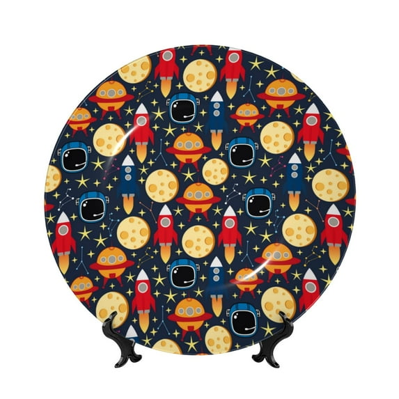 Salouo Colorful Astronomy Pattern Bone China Decorative Plate,Holiday Decor Decorative Ceramic Plates with Stand Elegant Home DéCor for Hallway/Living Room/Bedroom-7in