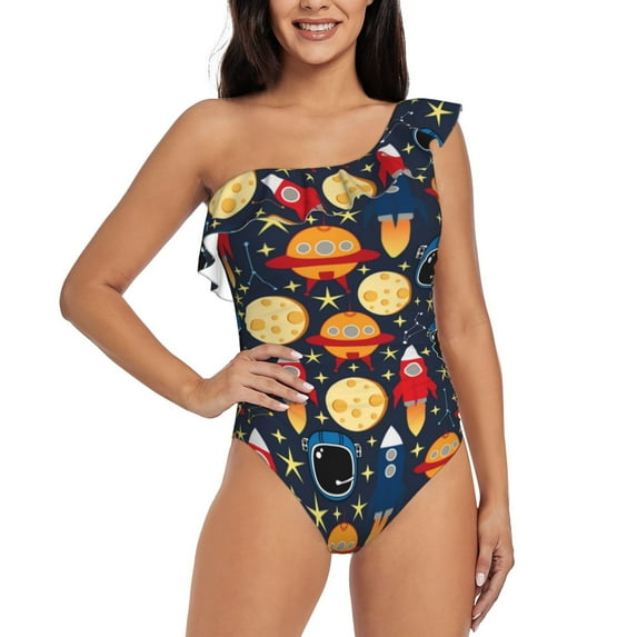 Salouo Colorful Astronomy Pattern One Shoulder Ruffled One Piece Swimsuit for Women V Neck Swimwear Tummy Control Bathing Suit-Medium