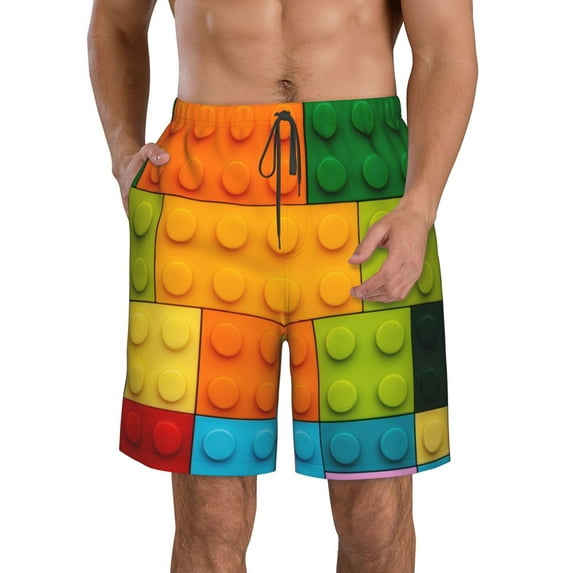 Salouo Colorful Building Blocks Pattern Swim Trunks for Men,Men's Hawaiian Bathing Suit Swimsuits Quick Dry Swimming Board Shorts Beach Shorts with Pockets-Medium