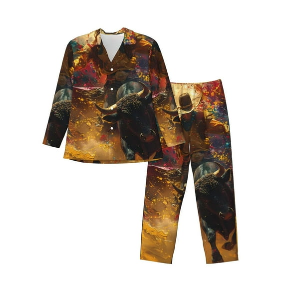 Salouo Colorful Bull Western Man Print Button-Front Long Sleeve Pajama Set for Men, Soft 2Pjs Men's Long Sleeve Sleepwear-XX-Large