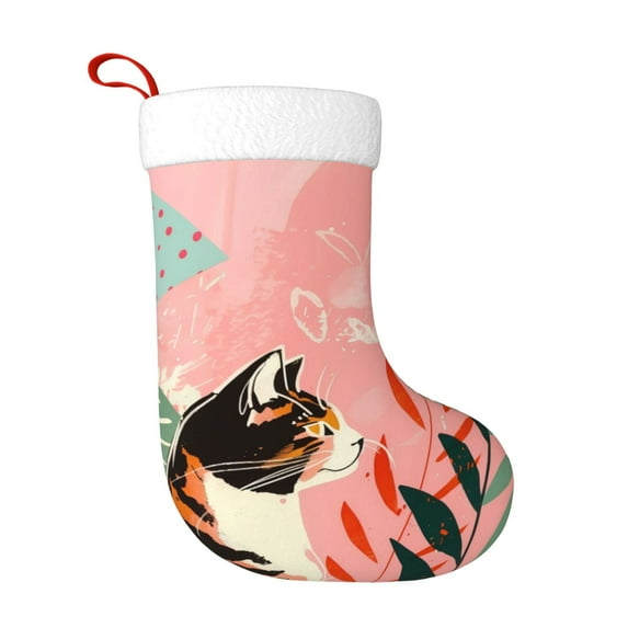 Salouo Colorful Cat With Flowers Print Christmas Stockings,Large Xmas Stocking Set of 1 Holiday and Farmhouse Stocking for Christmas Holiday Party Decoration(17.7*11 Inch)