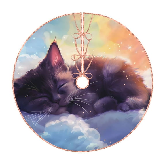 Salouo Colorful Cloud Sleeping Cat Christmas Tree Skirt 30" Farmhouse Christmas Decorations Snowman Xmas Tree Skirt Tree Mat for Holiday Party Decor