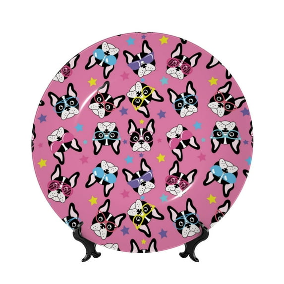 Salouo Colorful Cute French Bulldog Pattern Bone China Decorative Plate,Holiday Decor Decorative Ceramic Plates with Stand Elegant Home DéCor for Hallway/Living Room/Bedroom-8in