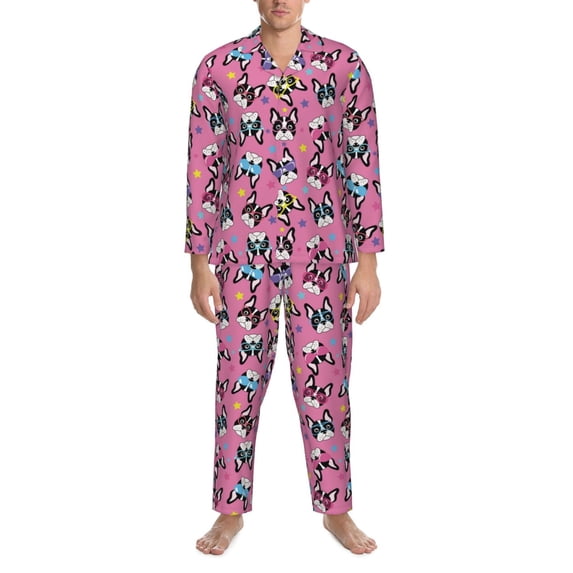 Salouo Colorful Cute French Bulldog Print Button-Front Long Sleeve Pajama Set for Men, Soft 2Pjs Men's Long Sleeve Sleepwear -X-Large