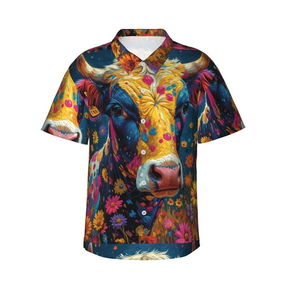 Salouo Colorful Daisy Sunflower Cow for Hawaiian Shirt for Men,Summer Beach Casual Short Sleeve Button Down Shirts Men's Regular-Fit Short-Sleeve Print Shirt -Large