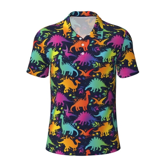 Salouo Colorful Dinosaur for Men's Short Sleeve Polo Shirts,Polo Shirts for Men Performance Short Sleeve Golf Shirt Athletic Casual Collared T-Shirt-XX-Large