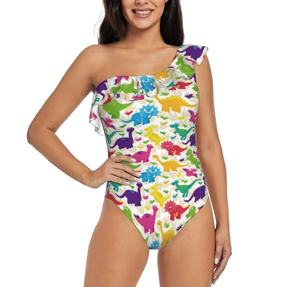 Salouo Colorful Dinosaurs Pattern One Shoulder Ruffled One Piece Swimsuit for Women V Neck Swimwear Tummy Control Bathing Suit-Medium