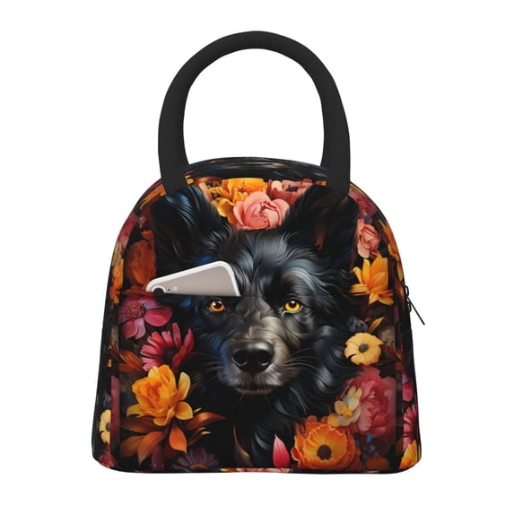 Salouo Colorful Floral Black Dog for Insulated Lunch Bag for Women/Men - Leakproof Cooler Tote Bag Organizer - Reusable Lunch Box for Office Picnic Hiking Beach-One Size