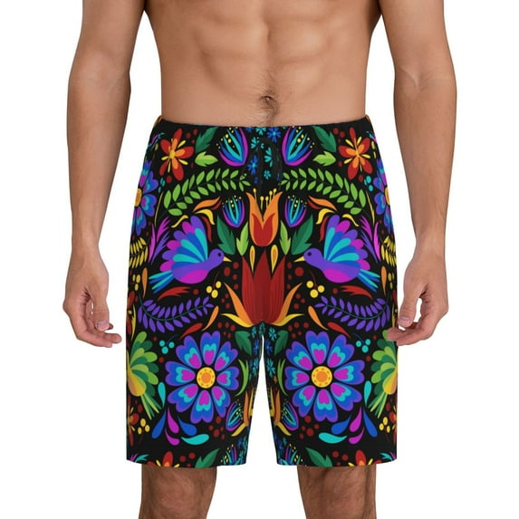 Salouo Colorful Floral Pattern Men's Sleep Pajama Shorts,Pajama Bottoms Elastic Waistband Sleep Pajama Short PJ Shorts for Men -Medium