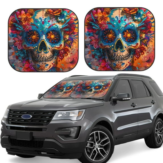Salouo Colorful Floral Skull A Pattern Car Windshield Sun Shade Foldable | Front Windshield Shade for Sun, Heat and UV Rays | Interior Sun Protection-Medium