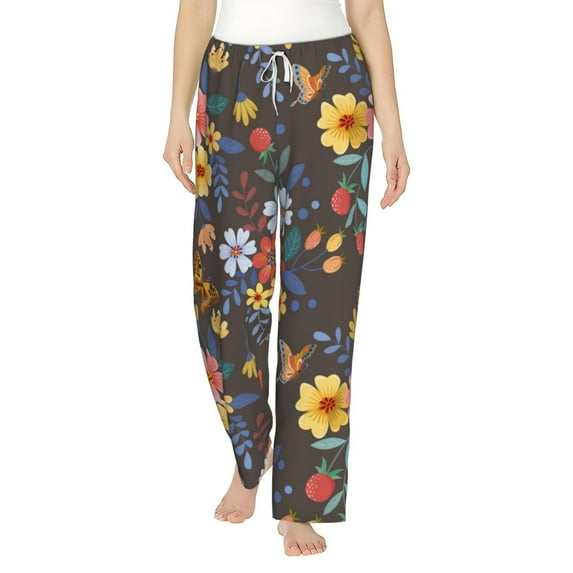 Salouo Colorful Flowers with Butterfly Print Women's Pajama Pants Casual Loose Sweatpants PJs Flowy Pants Drawstring Palazzo for Women Wide Leg Pants Lounge Pajama -X-Large
