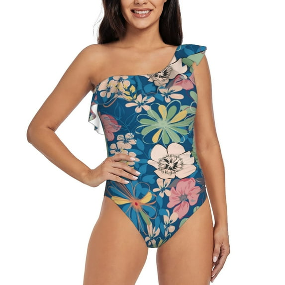 Salouo Colorful Flowers Pattern One Shoulder Ruffled One Piece Swimsuit for Women V Neck Swimwear Tummy Control Bathing Suit-XX-Large