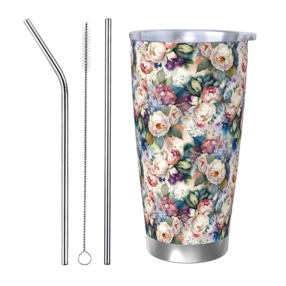 Salouo Colorful Flowers Print 20oz Tumbler with Lid,Stainless Steel Vacuum Insulated Tumbler Durable Insulated Coffee Mug Thermal Cup with Splash Proof Sliding Lid-Straw Three-piece Set