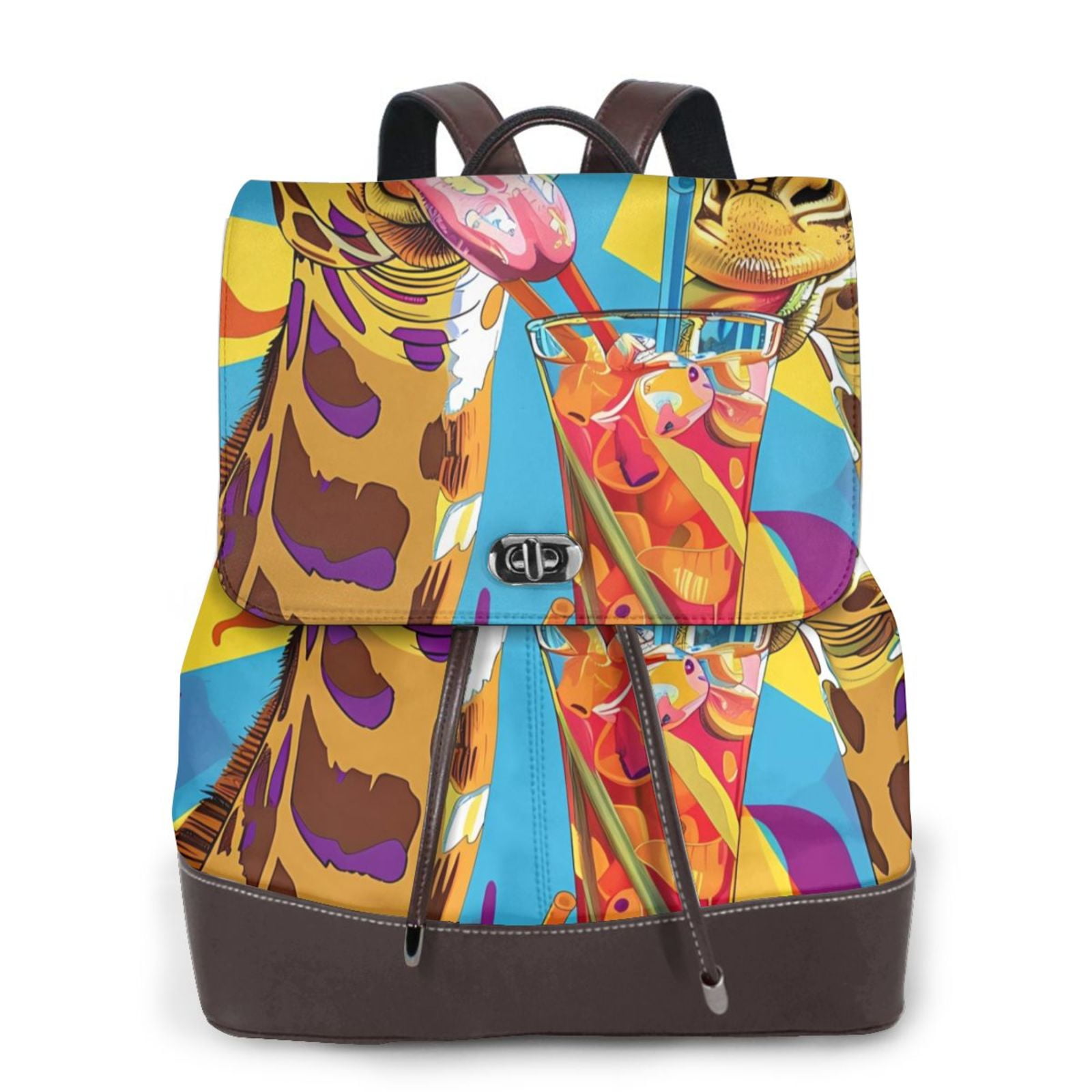 Salouo Colorful Giraffes with Drinks Pattern PU Leather Backpack,Purse ...