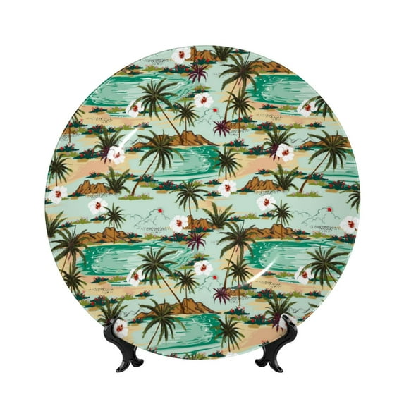 Salouo Colorful Hawaii Palms Pattern Bone China Decorative Plate,Holiday Decor Decorative Ceramic Plates with Stand Elegant Home DéCor for Hallway/Living Room/Bedroom-7in