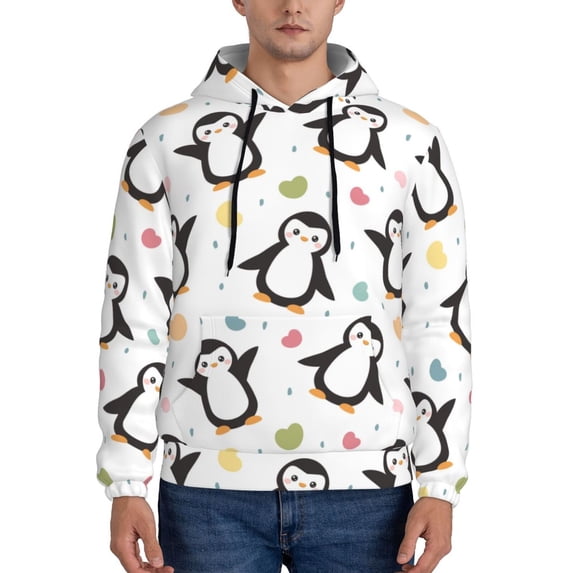Salouo Colorful Hearts Penguin Pattern Men's Fall Hoodie Sweatshirt,Sport Hoodie with Pockets for Men Pullover Casual Hooded Sweatshirt-Medium