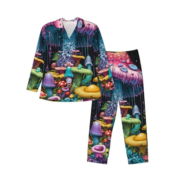 Salouo Colorful Mushroom Print Button-Front Long Sleeve Pajama Set for Men, Soft 2Pjs Men's Long Sleeve Sleepwear-Large