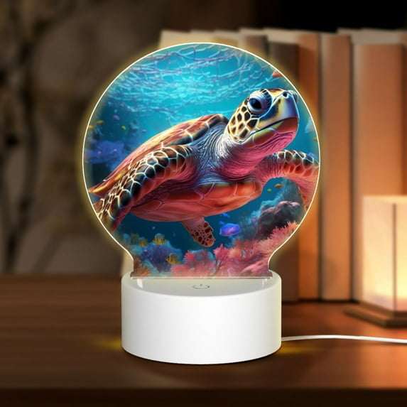 Salouo Colorful Ocean Sea Turtle for Round Acrylic Night Light - Acrylic Sheets with LED Light Lamp Base - Decorative Night Lamp for Restaurant Bar Cafe Shop Room Decoration