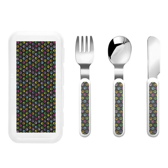 Salouo Colorful Paw Pattern 3 Pieces Toddler Utensils, Kids Silverware Set Stainless Steel Utensils for Kids Children Safe Spoons Forks & Knife Dishwasher Safe