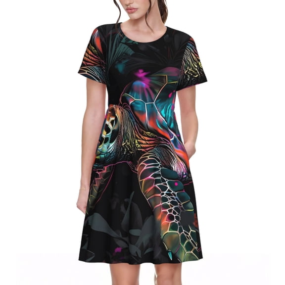Salouo Colorful Plant Turtle A for Women's Short Sleeve Summer Dress, Pleated Loose Swing Knee Length Dresses with Pockets