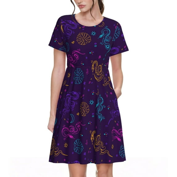 Salouo Colorful Snake for Women's Short Sleeve Summer Dress, Pleated Loose Swing Knee Length Dresses with Pockets