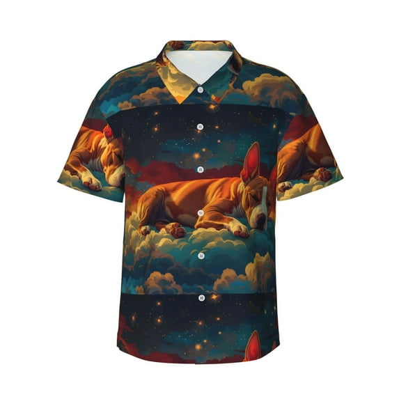 Salouo Colorful Starry Sky Sleep Dog for Hawaiian Shirt for Men,Summer Beach Casual Short Sleeve Button Down Shirts Men's Regular-Fit Short-Sleeve Print Shirt -Medium