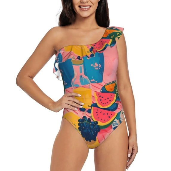 Salouo Colorful Summer Fruit Table Pattern One Shoulder Ruffled One Piece Swimsuit for Women V Neck Swimwear Tummy Control Bathing Suit-Large